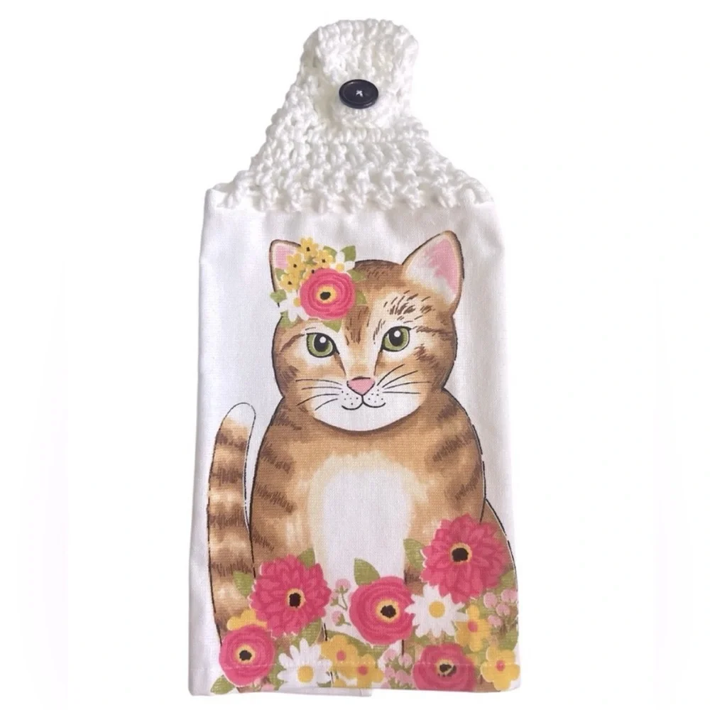 Hand Crafted Hanging Kitchen Hand Towel Cat and Flowers Colorful Crochet Top
